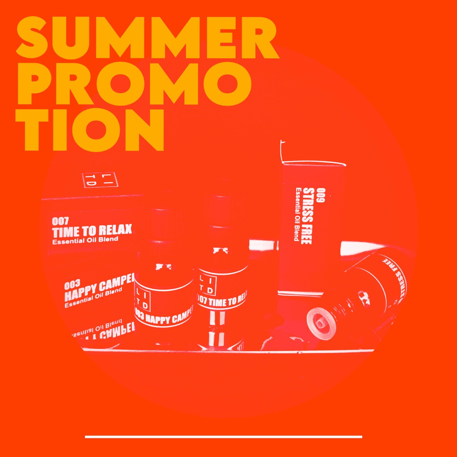 A promotional graphic with large yellow text reading 'SUMMER PROMOTION' over a bright orange-red background, with several red cylindrical oil bottles and boxes arranged below. The bottles show white text including '007 TIME TO RELAX', '003 HAPPY CAMPFIRE', and '009 STRESS FREE'.